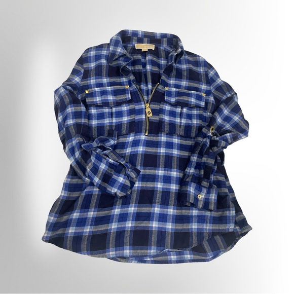 MICHAEL MICHAEL KORS Top Womens Small Long Sleeve 1/2 Zip Flannel Plaid Blue - Picture 1 of 6